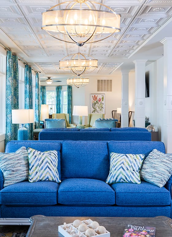 A blue couch in a room