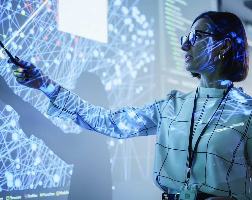 A woman using a large screen