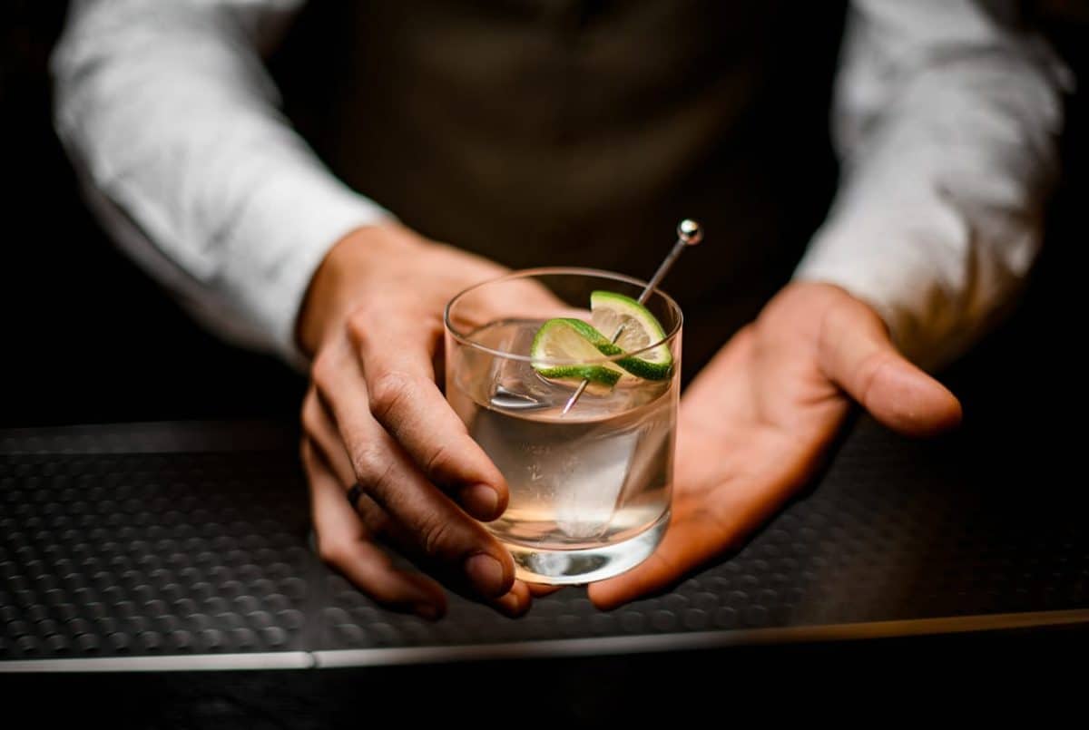 A person holding a glass of liquid with a lime slice and a stick