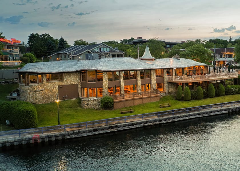 A building next to a body of water